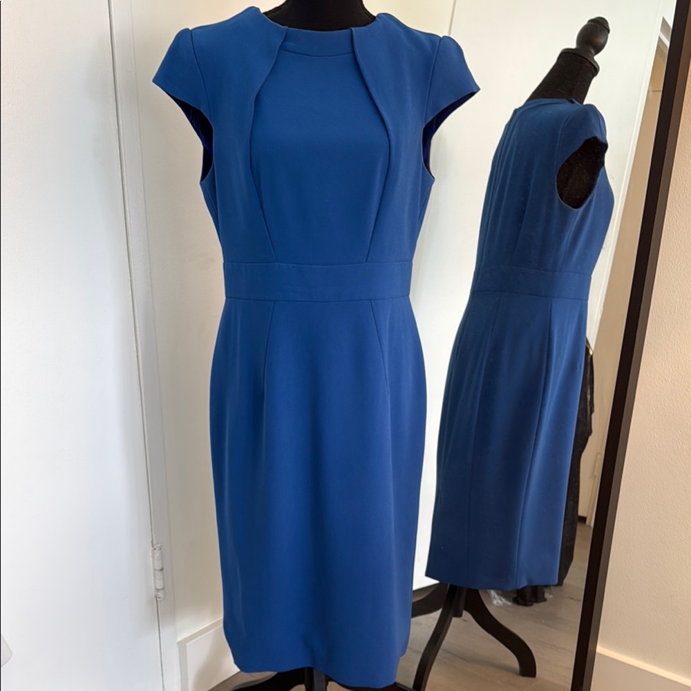 Karen Millen Blue Sheath Midi Dress with Flutter Cap Sleeves